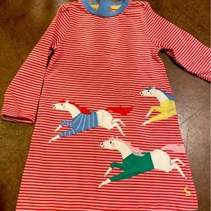 Joules 3T Horse Appliqué Long Sleeve Cotton Dress Candy Cane Red & Pink